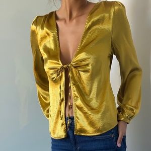 MEIA DEEP V BLOUSE Gold/Metallic Silk Shirt Small